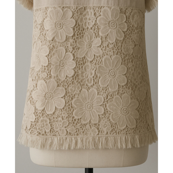 Women's Umgee‎ Beige Short Sleeve Fringe Lace Top with raw edge hem. S - Picture 4 of 8